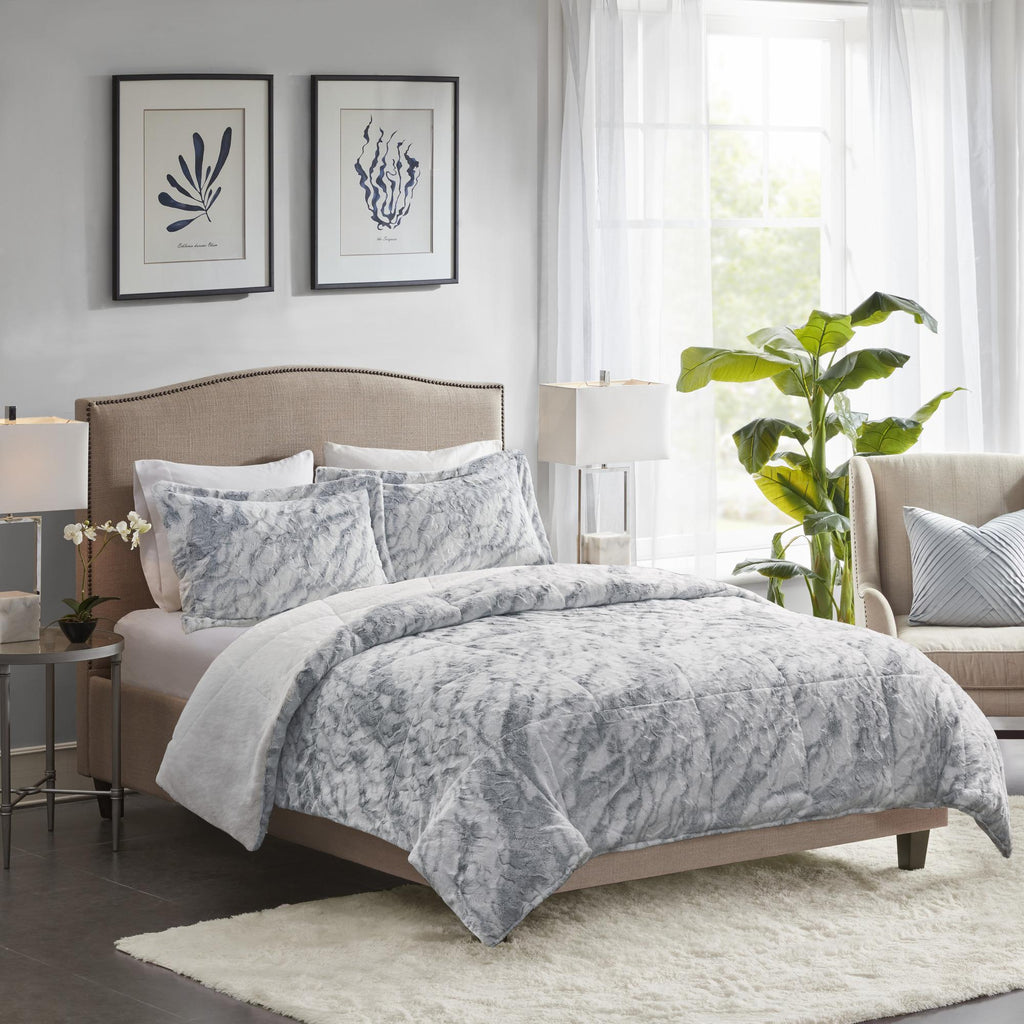 Home Essence Naomi Marble Faux Fur Ultra Soft Comforter Set, King, Grey/Blue