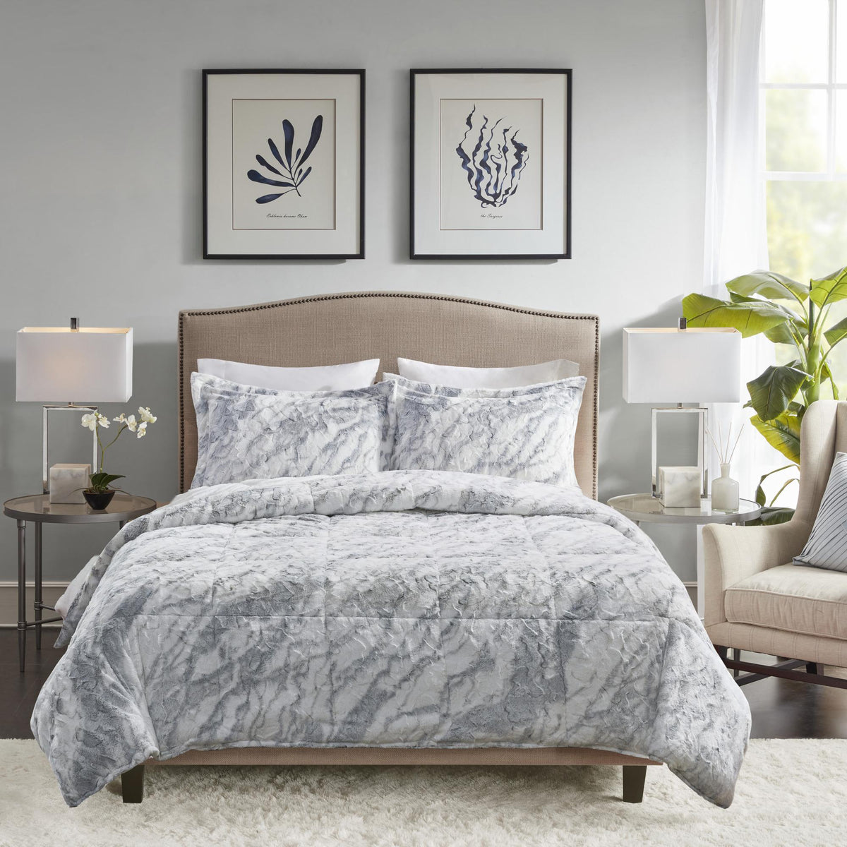 Home Essence Naomi Marble Faux Fur Ultra Soft Comforter Set, King, Grey/Blue