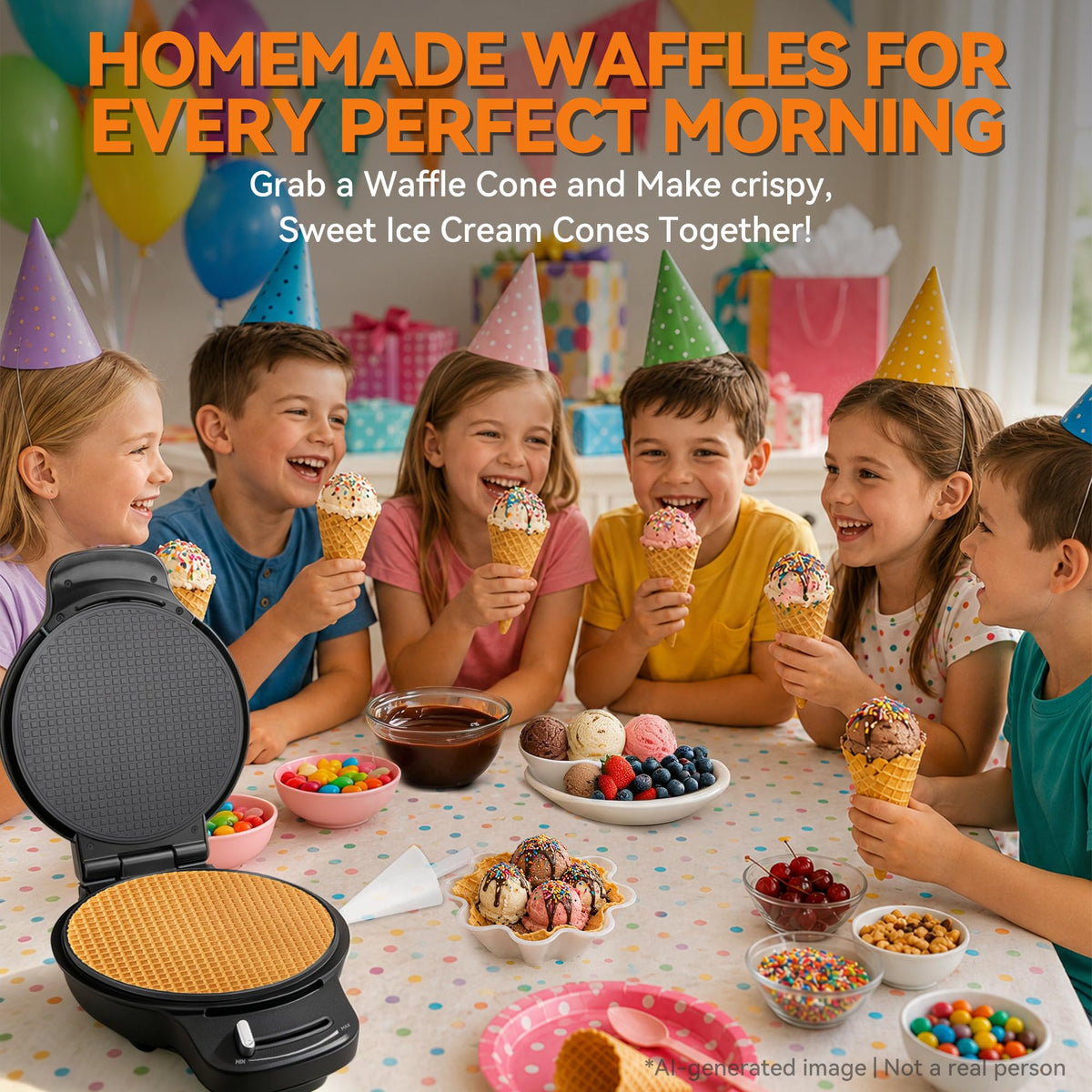 Waffle Cone Maker Machine with Browning Control, 7.5” Ice Cream Cone Maker, Cone Roller & Bowl Press Included,Thin Waffle Maker Crispy, Nonstick Waffle Bowl Maker,Graphite
