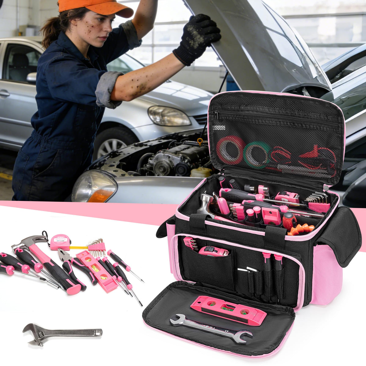 Pink Tool Bag for Women, Tool StoraOrganizer with Anti-friction and Thick Padded Bottom, Tactical RanBag, Multi-functional Work Bag for Repairman, Electrician, Carpenters, Pink