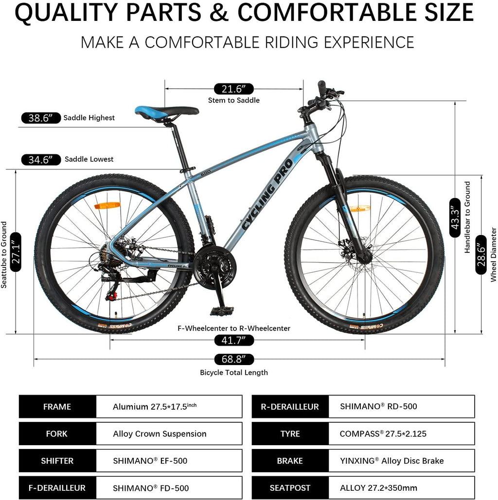 AMOWARE Mountain Bike for Adults, 17 Inch Aluminum Frame Size, 21 Speeds, 27.5-Inch Wheels,Full Suspension Disc Brake, Front and Rear Brakes