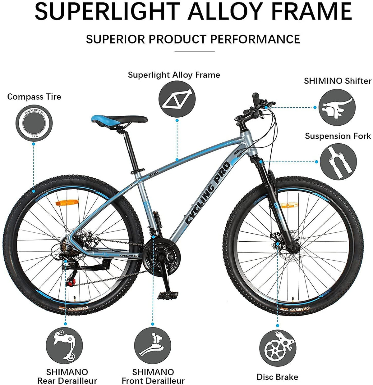 AMOWARE Mountain Bike for Adults, 17 Inch Aluminum Frame Size, 21 Speeds, 27.5-Inch Wheels,Full Suspension Disc Brake, Front and Rear Brakes