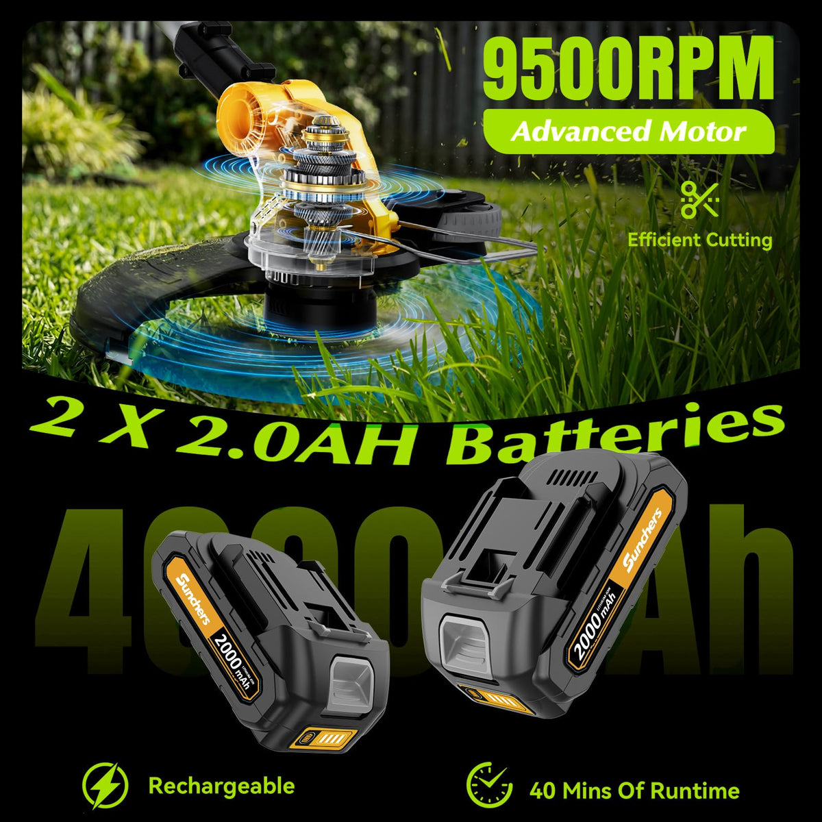 20V Electric Weed Wacker Edger Lawn Tool, Battery Powered Weed Eater 12" Cordless String Trimmer, Trimmer Lawn Lightweight Yard Tool for Garden Grass Lawn Mower Cutter with 2 2.0Ah Battery and Charger