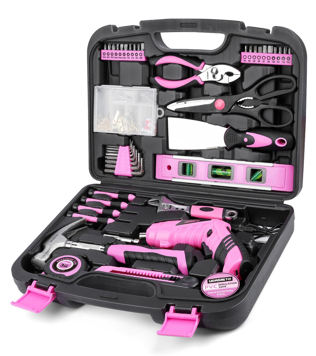 Pink Household Tool Set with 3.6V USB Electric Screwdriver, 136 PCS Home Tool Kit with Cordless Lithium-ion Drill Driver, Hand Tool Kits for Women