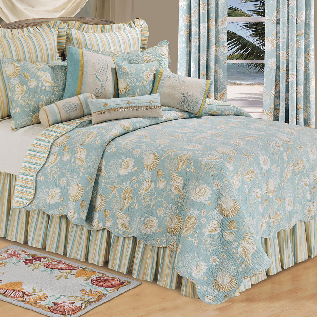 C&amp;F Home Natural Shells Blue Cream Tan Stripes Coastal Tropical Beach House Oceans Twin Quilt Cotton Reversible Bedspread Coverlet Coastal Beach Theme