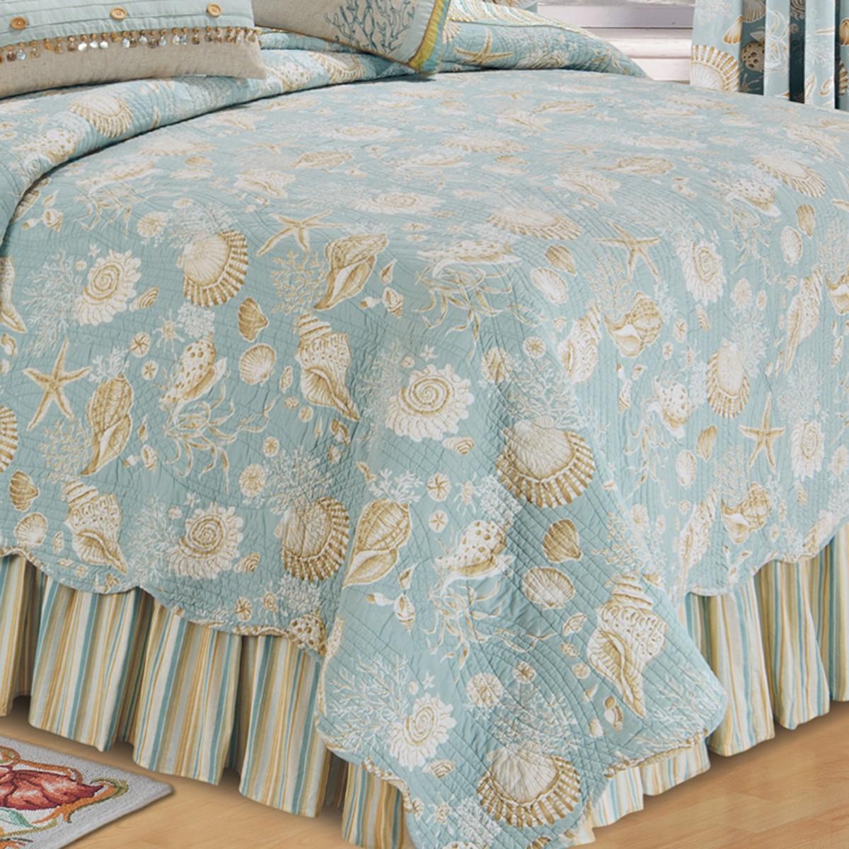 C&amp;F Home Natural Shells Blue Cream Tan Stripes Coastal Tropical Beach House Oceans Twin Quilt Cotton Reversible Bedspread Coverlet Coastal Beach Theme