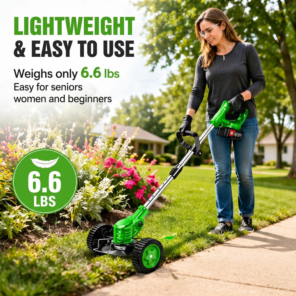 Cordless Weed Wacker with 2 Batteries, Lightweight 21V Weed Trimmer with Wheels, Electric Grass Trimmer, Adjustable Shaft Lawn Tool for Small Yard Tight Spaces