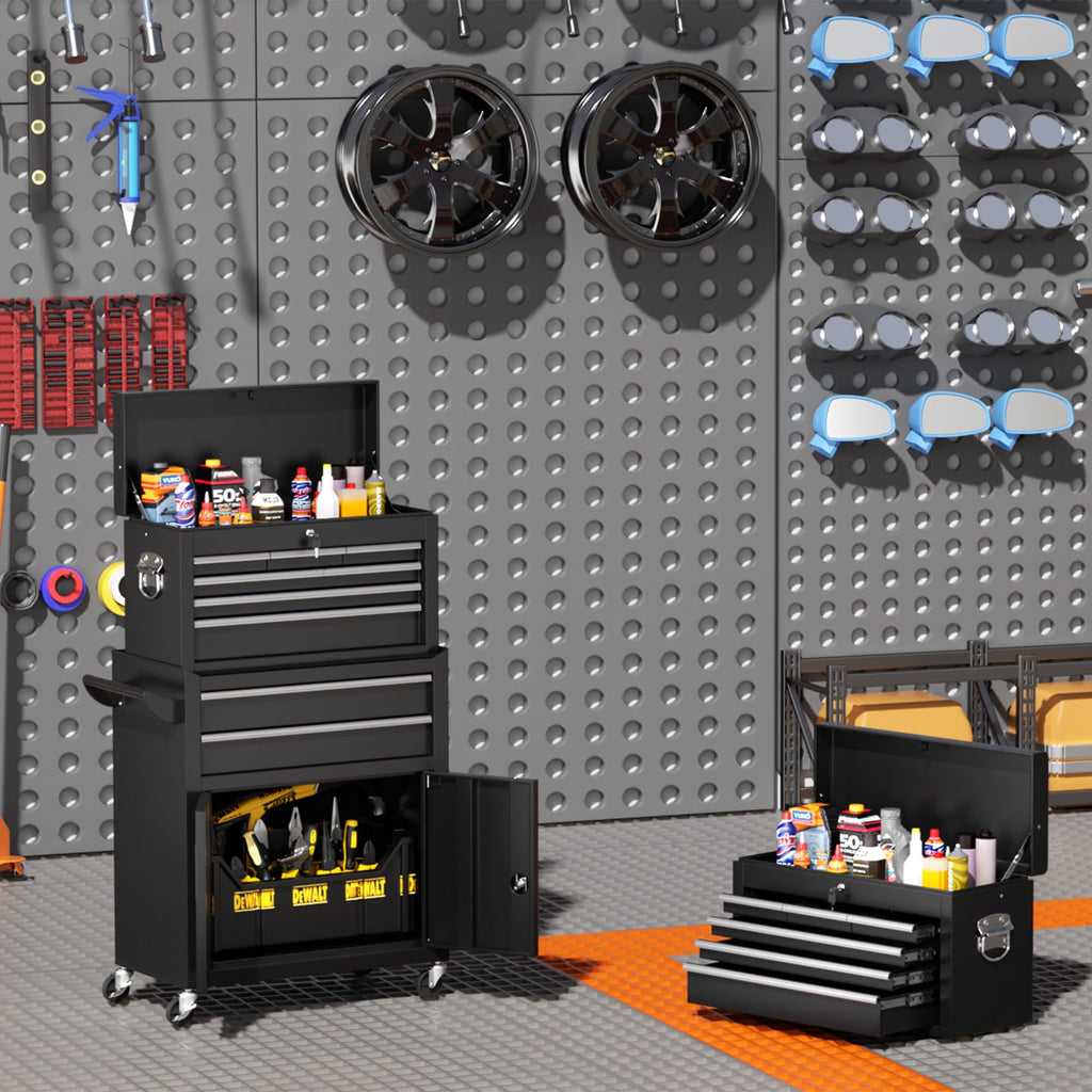 8-Drawers Rolling Tool Chest, Assembled Tool Chest with Wheels, Detachable Top Tool Box, Tool Cabinet for Repair Room,Warehouse, Rolling Tool Box with Hooks,Tray Divider,Liners(Black)