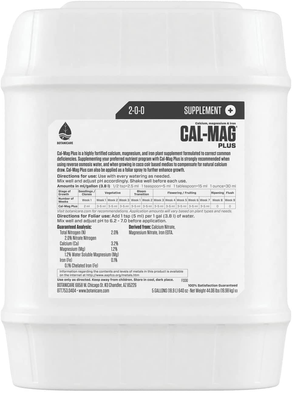 botanicare hgc732125 cal-mag plus, a calcium, magnesium, and iron plant supplement, corrects common plant deficiencies, add to water or use as a spray, 2-0-0 npk, 5 gallon