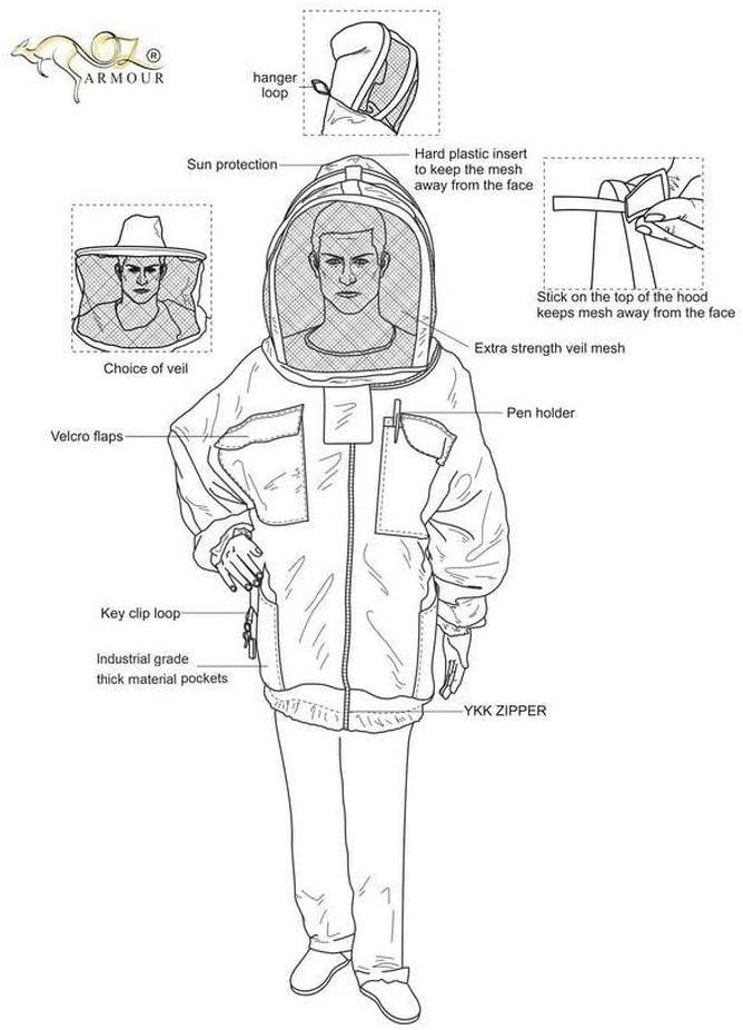 oz armour beekeeping ventilated jacket ultra cool 3 layers mesh with 2 hoods fencing and round brim hat (xx-large)