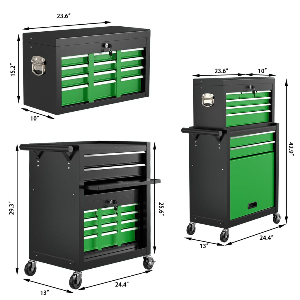 8-Drawer High Capacity Rolling Tool Chest, Removable Cabinet StoraTool Box with Wheels and Drawers, Detachable Toolbox with Lock for Workshop Mechanics Garage(Black&Green)
