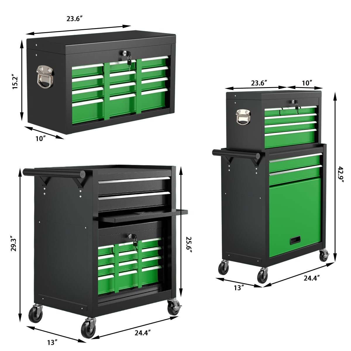 8-Drawer High Capacity Rolling Tool Chest, Removable Cabinet StoraTool Box with Wheels and Drawers, Detachable Toolbox with Lock for Workshop Mechanics Garage(Black&Green)