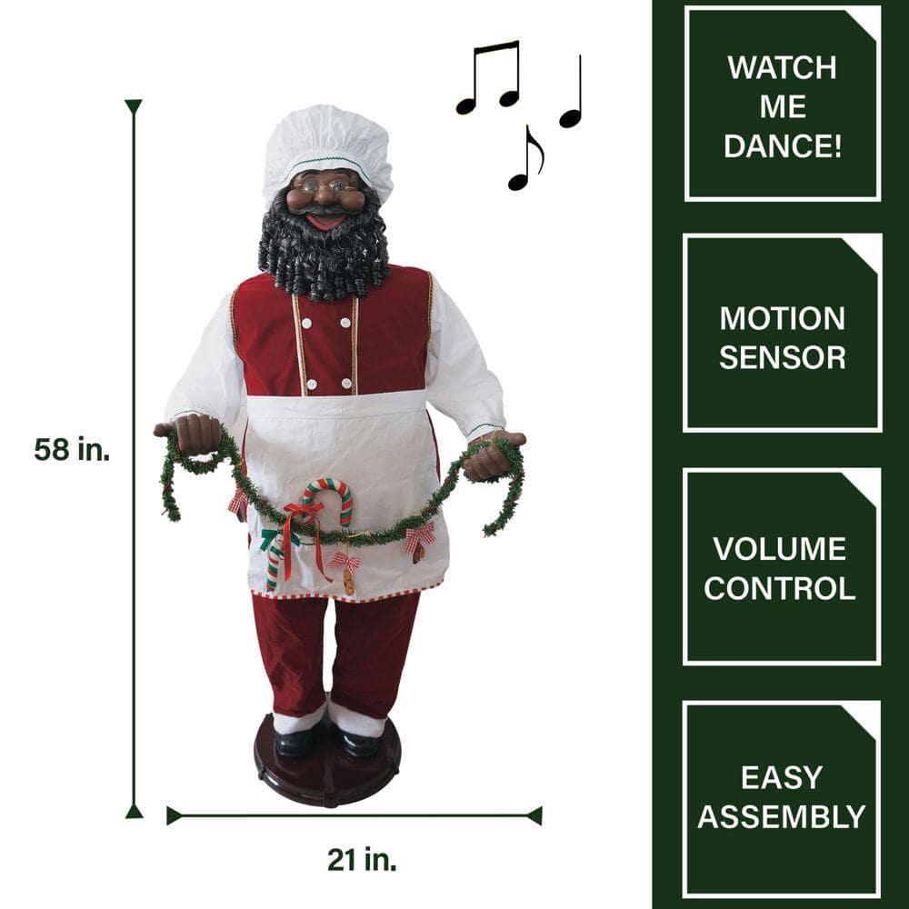 58 in. Christmas African American Dancing Baking Santa with Apron and Cookie