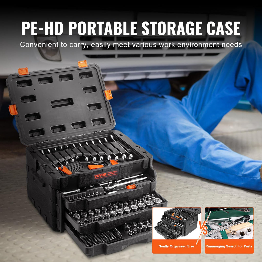 Mechanics Tool Set and Socket Set, 1/4" 3/8" 1/2" Drive, 450 PCS | SAE and Metric Socket Wrench Set with 3-Drawer Tool Box, Tool Kit with Bits, Combination Wrench, Hex Wrenches, Accessories