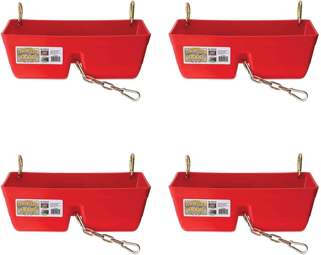 little giant ff16red 9 quart heavy duty plastic feed trough bucket fence feeder with clips for livestock &amp; pets, red (4 pack)