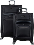 Rugged Roamer Luggage Collection Lightweight Softside Expandable 8-Wheel Spinner Travel Suitcase Bag, Black, 2-Piece (20" Carry-On / 28" Check Size)