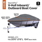 StormPro Charcoal V-Hull inboard/Outboard Boat Cover Fit 20 ft. 6 in. - 21 ft. 6 in. L, Beam Width 104 in. W (Model E11)