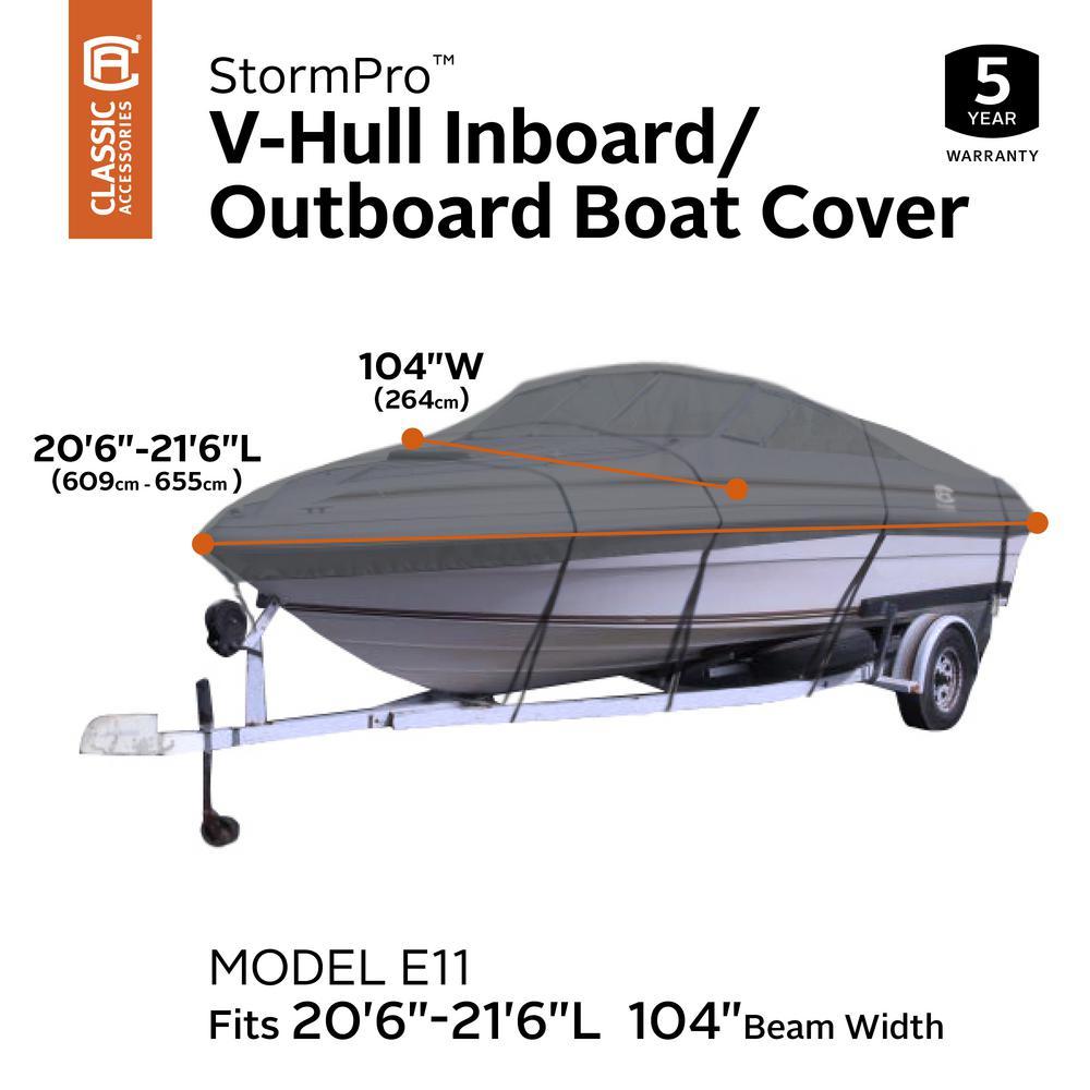 StormPro Charcoal V-Hull inboard/Outboard Boat Cover Fit 20 ft. 6 in. - 21 ft. 6 in. L, Beam Width 104 in. W (Model E11)