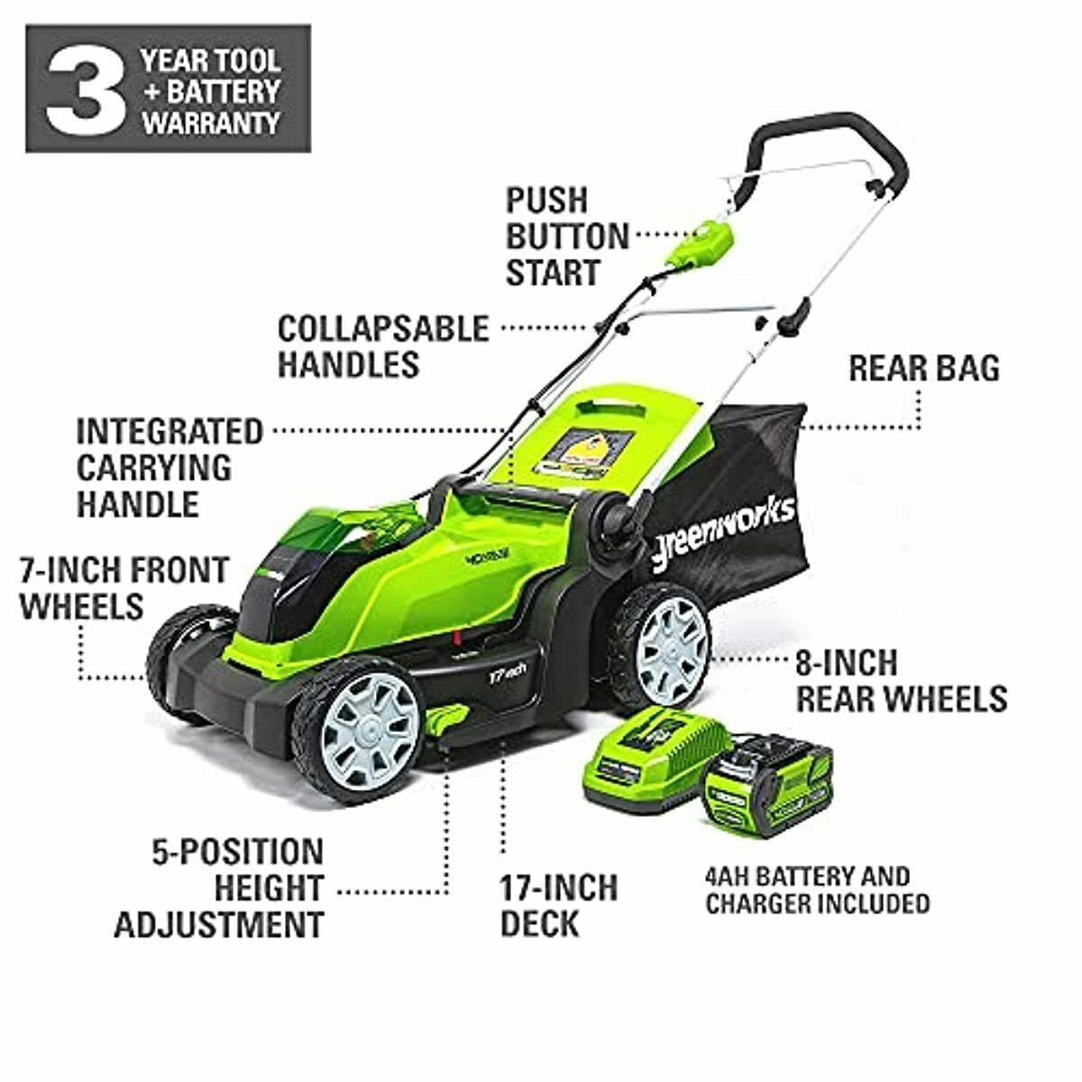 Cordless Lawn Mower 40V 17-inch Brushed 4Ah Lithium Battery Charger Yard Green