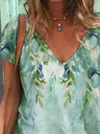 Casual Floral Print V-neck T-shirt