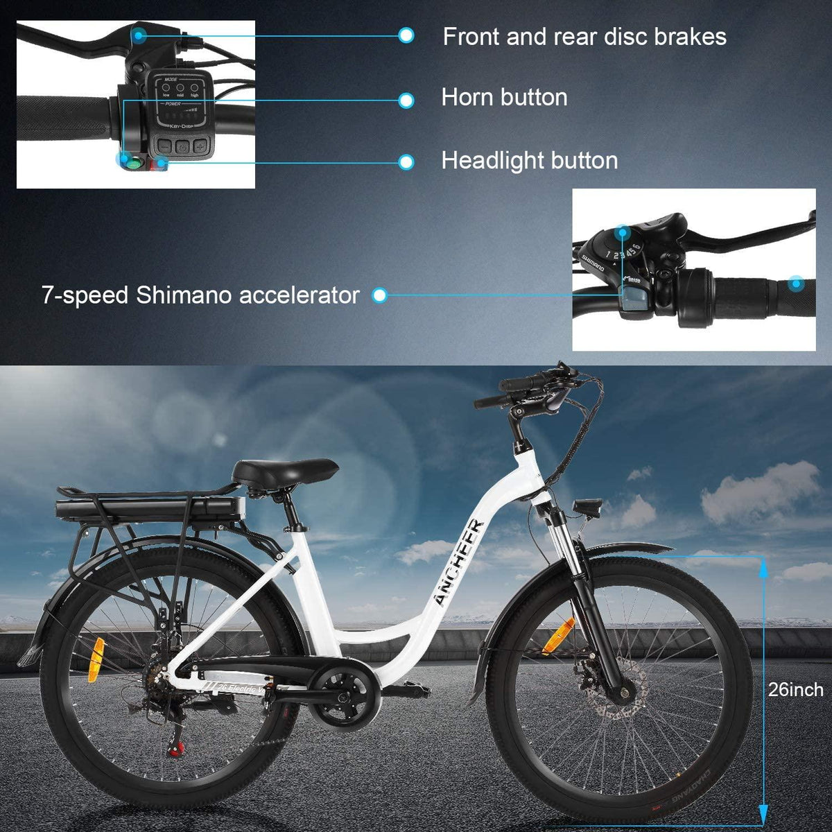 ANCHEER 26" Aluminum Electric Bike, Adults Electric Commuting Bicycle with Removable 12.5Ah Battery, Professional Derailleur with 6 Speed City Ebike