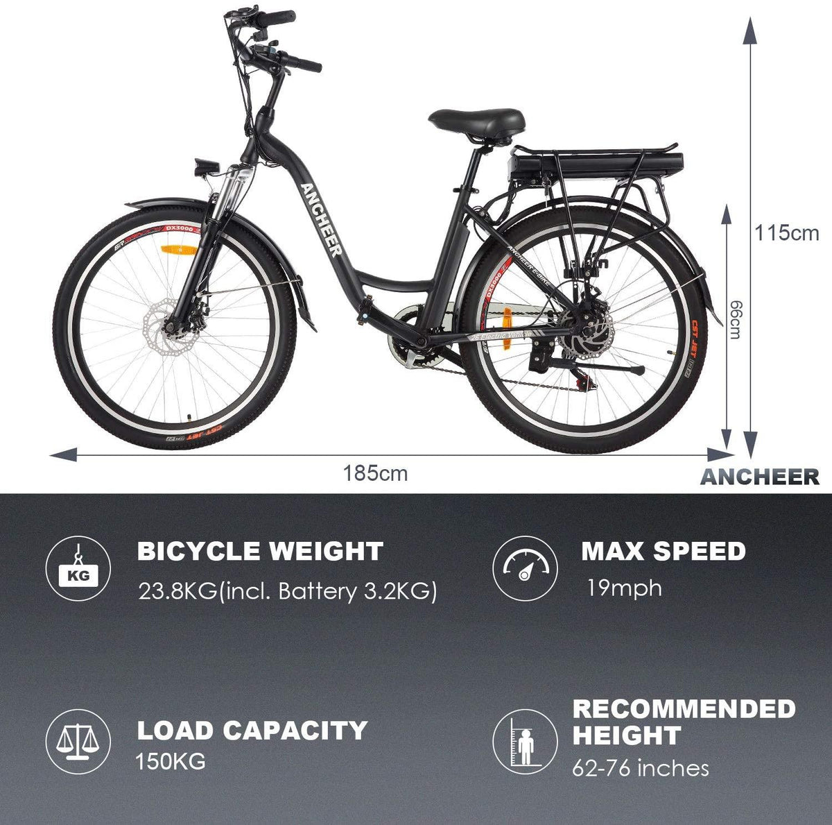 ANCHEER 26" Aluminum Electric Bike, Adults Electric Commuting Bicycle with Removable 12.5Ah Battery, Professional Derailleur with 6 Speed City Ebike