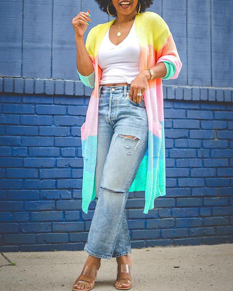 colorblock long sleeve pocket design cardigan