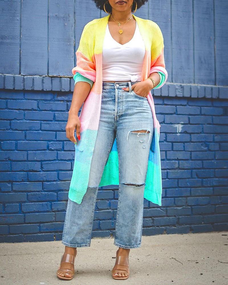 colorblock long sleeve pocket design cardigan