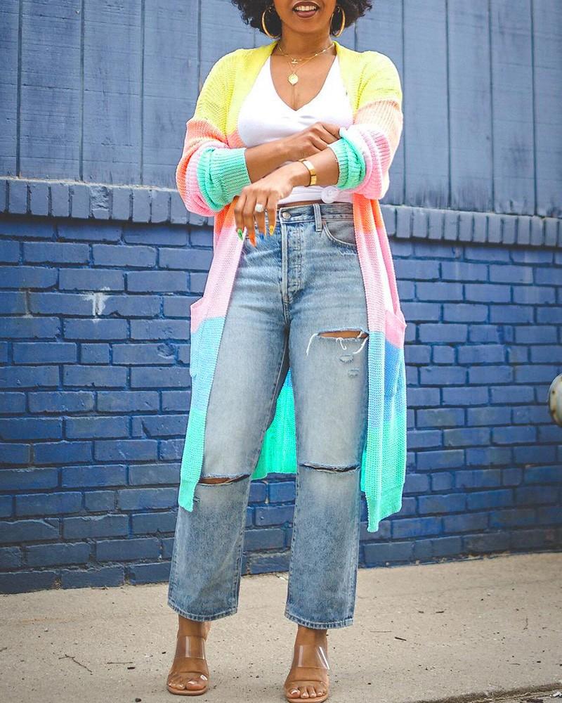 colorblock long sleeve pocket design cardigan
