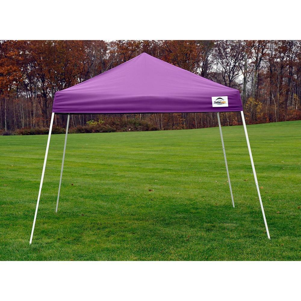 10 ft. D x 10 ft. W Slant-Leg Pop-Up Canopy w/ Purple Cover, Black StoraBag, and 4-Position-Adjustable Steel Frame