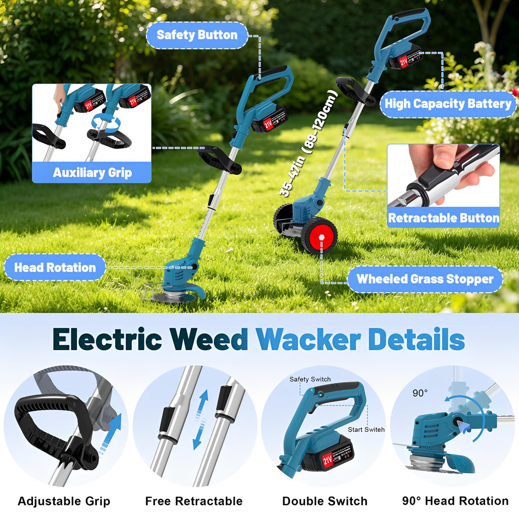21V Electric Weed Wacker Cordless Weed Eater Battery Powered, String Trimmer Battery Operated, Lightweight 4 in 1 Grass Trimmer/Brush Cutter/Lawn Edger/Mower with Metal Blades &amp; Wheels for Garden Yard
