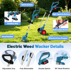 21V Electric Weed Wacker Cordless Weed Eater Battery Powered, String Trimmer Battery Operated, Lightweight 4 in 1 Grass Trimmer/Brush Cutter/Lawn Edger/Mower with Metal Blades &amp; Wheels for Garden Yard
