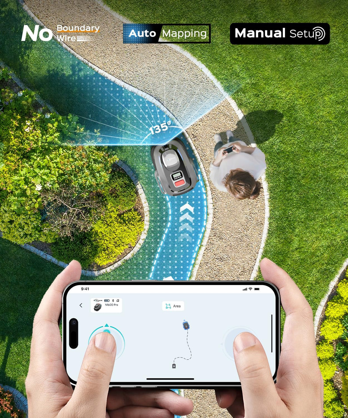 N1600 PRO Wireless Robotic Lawn Mower, RTK &amp; Vision Navigation, Up to 0.4 Acre Coverage, Smart App Control, Multi-Zone Mapping, Systematic Mowing Robot