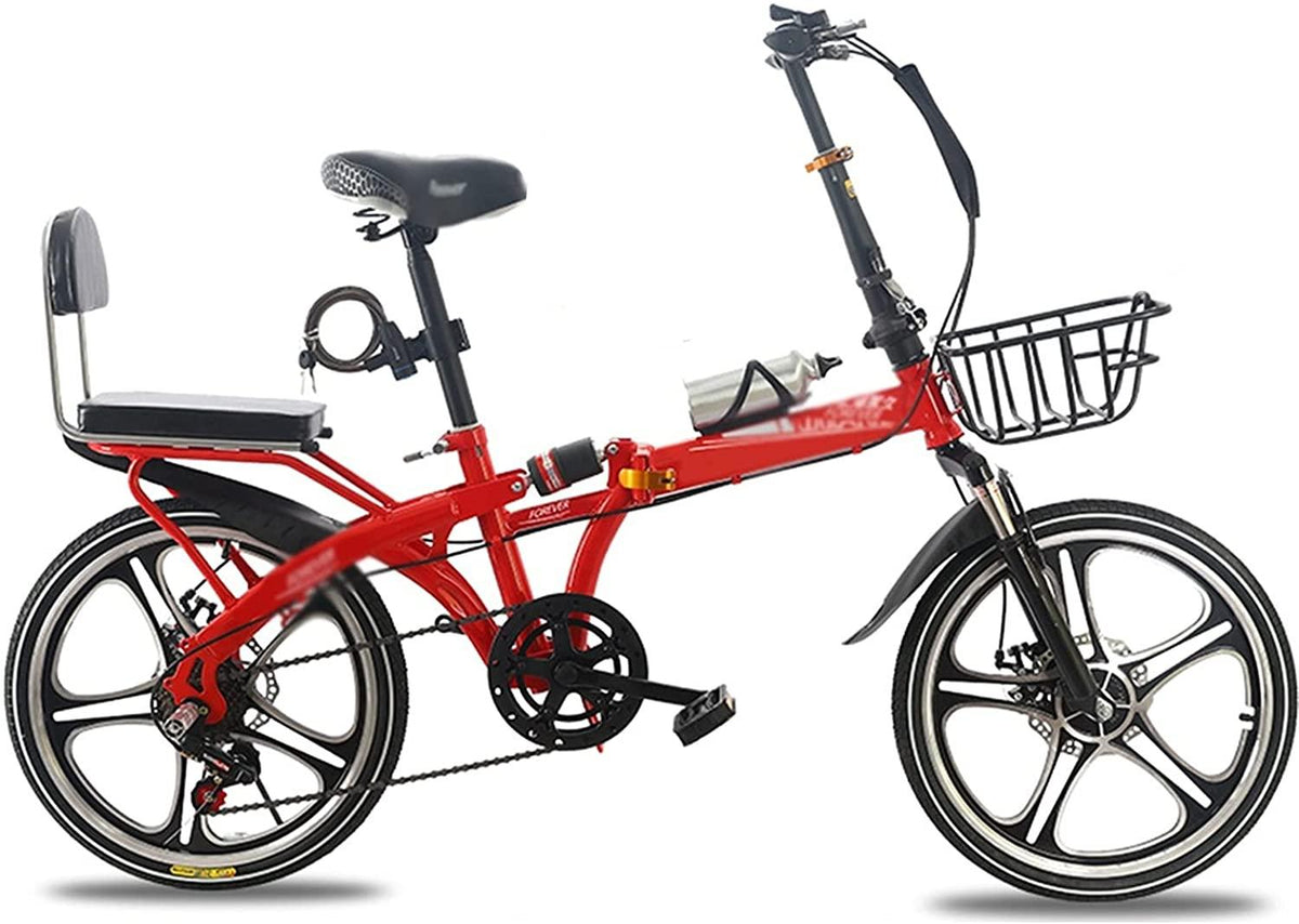 CHICAI Bicycle Single Speed Folding Bike, Double Shock Absorber, Double Disc Brake 16in/20in Wheels, Back Rack, High Carbon Steel Body (Color : Red, Size : 20in)