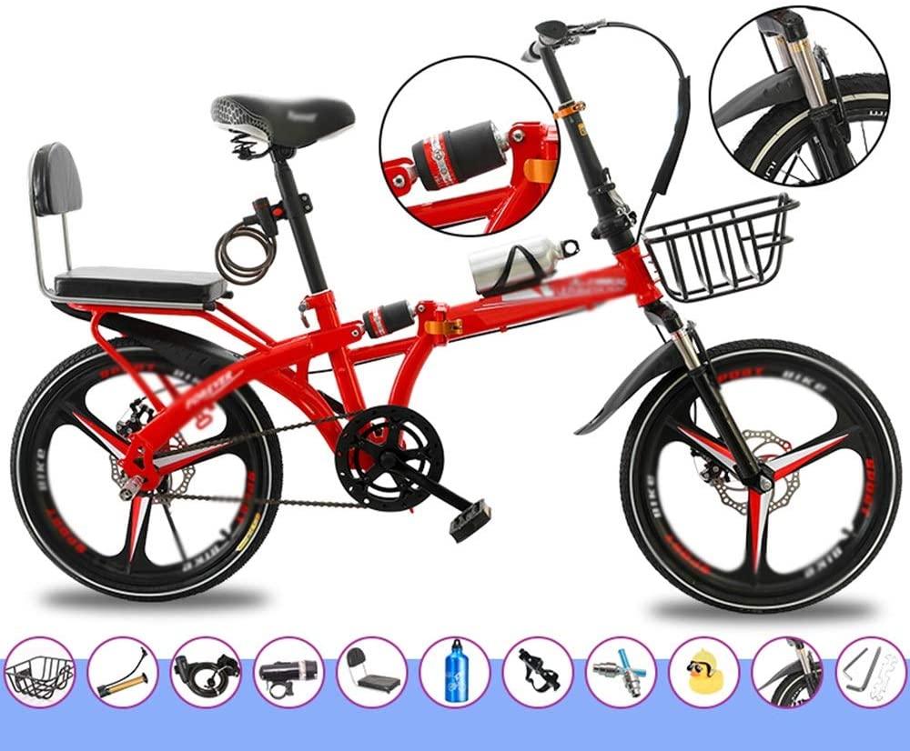 CHICAI Bicycle Single Speed Folding Bike, Double Shock Absorber, Double Disc Brake 16in/20in Wheels, Back Rack, High Carbon Steel Body (Color : Red, Size : 20in)