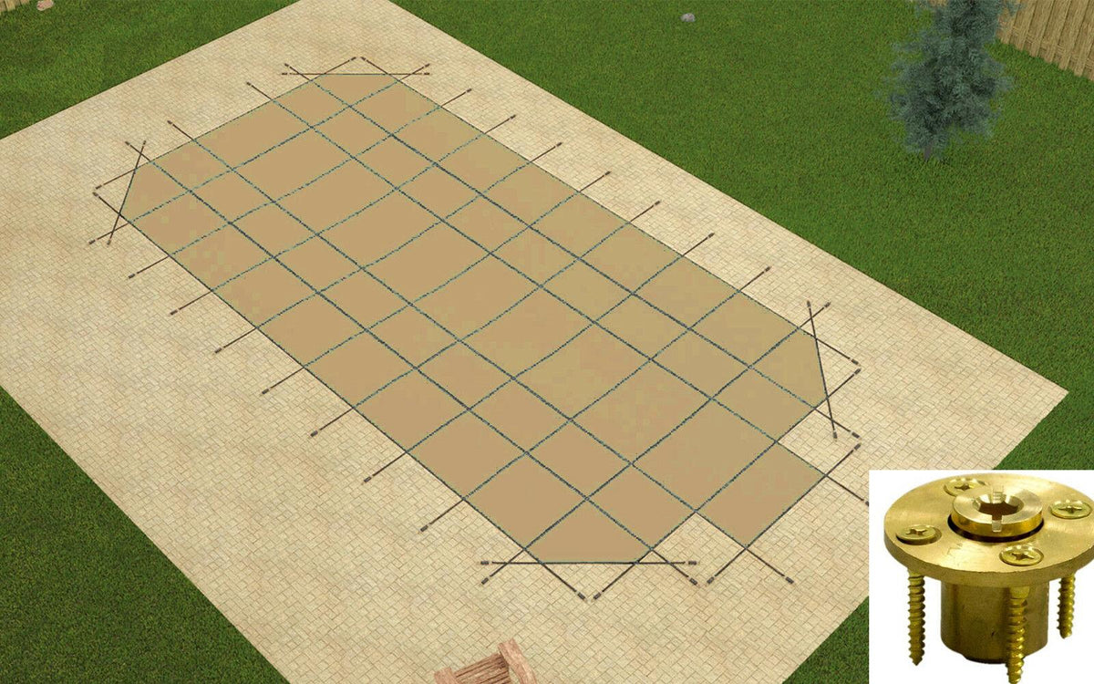 gli secure-a-pool grecian mesh swimming pool safety cover w/ step &amp; wood anchors