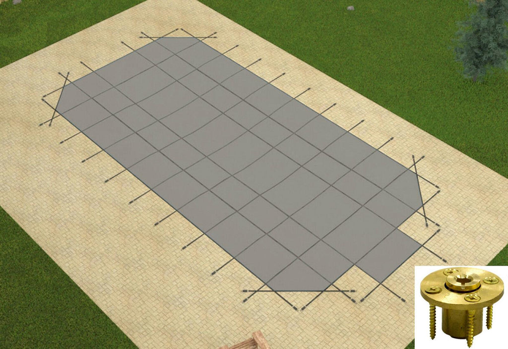 gli secure-a-pool grecian mesh swimming pool safety cover w/ step &amp; wood anchors