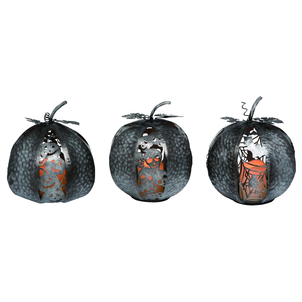 Set of 3 Silver LED Lighted Spooky Pumpkin Halloween Decors 11''