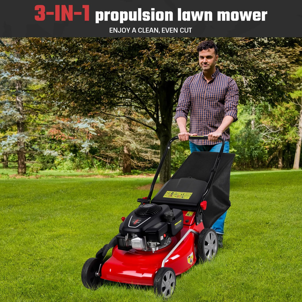 131cc Foldable Gas Lawn Mower, Self-Propelled Rear-Wheel Drive, 18 Inch Cutting Width, 50L Grass Bag, 3-in-1 Mulching/Side Discharge/Rear-Bagging, Lightweight Push-Button Start Mower