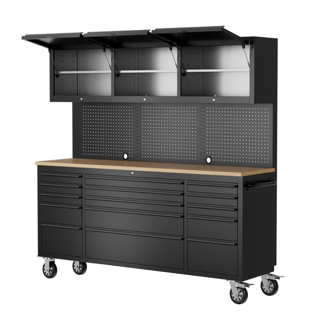 72-inch Tool Chest Cabinet Rolling GaraWorkbench with 15 StoraDrawers and Wheels, 3 Upper Cabinet, Pegboard, Steel LarTool Box,Matte Black
