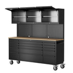 72-inch Tool Chest Cabinet Rolling GaraWorkbench with 15 StoraDrawers and Wheels, 3 Upper Cabinet, Pegboard, Steel LarTool Box,Matte Black