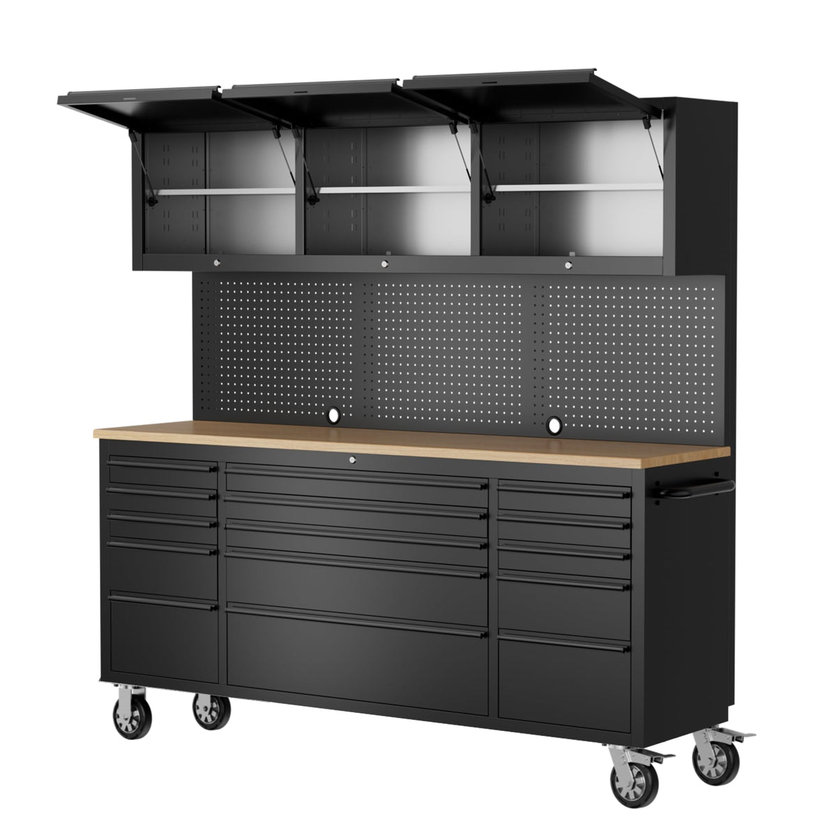72-inch Tool Chest Cabinet Rolling GaraWorkbench with 15 StoraDrawers and Wheels, 3 Upper Cabinet, Pegboard, Steel LarTool Box,Matte Black