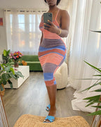 tie dye print colorblock crisscross backless dress