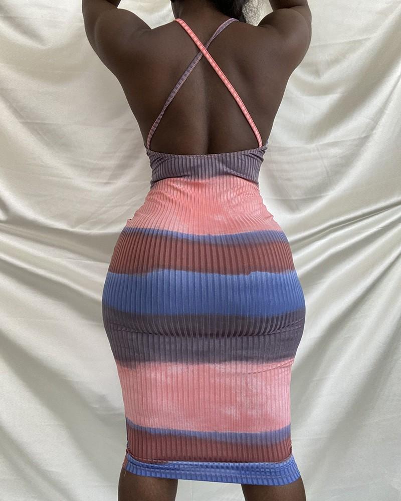 tie dye print colorblock crisscross backless dress