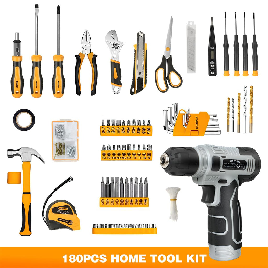Upgraded 180 Piece Tool Set, Tool Kit with 8V Cordless Drill Set, General Household Hand Drill Kit for Men and Women, Plastic StoraToolbox for DIYers, Home Maintenance and Everyday Repairs(Orange)