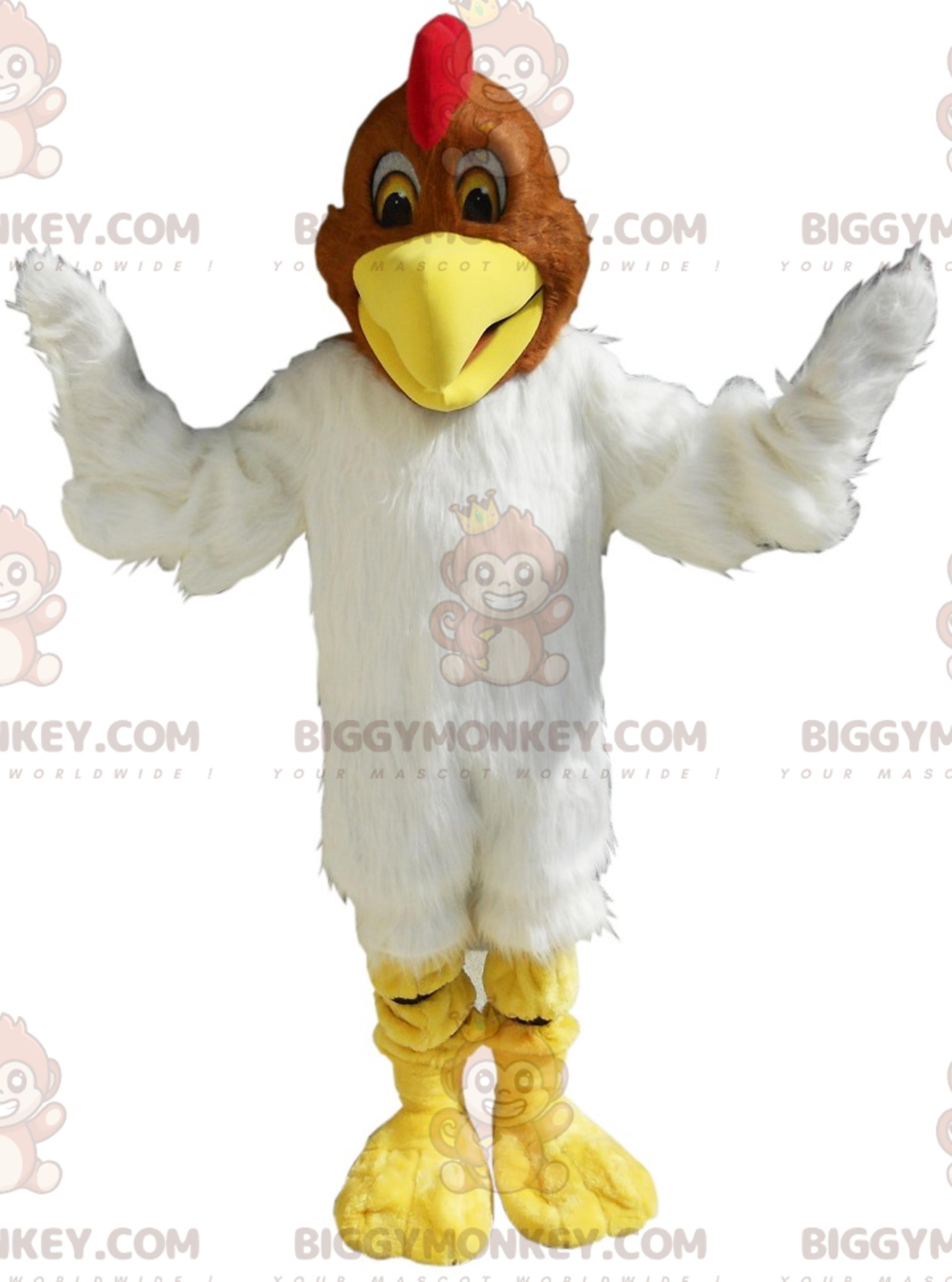 Soft and Furry White and Brown Chicken BIGGYMONKEYMascot Costume