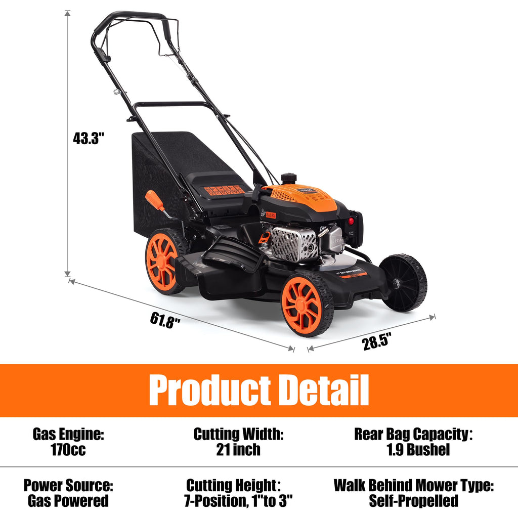 21" Self-Propelled Gas Lawn Mower with 170CC 4-Stroke Engine, 7 Cutting Heights, 3-in-1 Mulch/Bag/Discharge, 1.9-Bushel Grass Bag, EPA Compliant