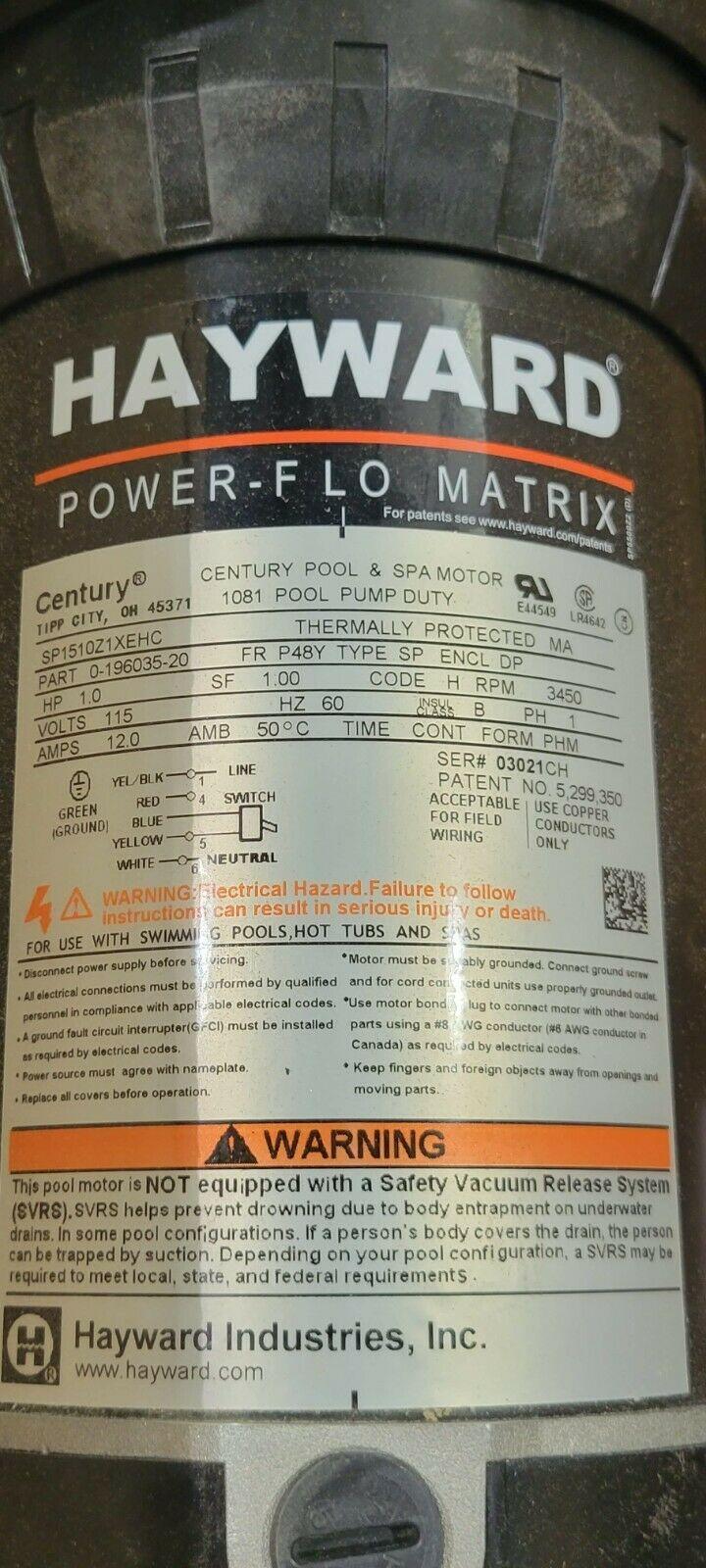 genuine hayward above ground power flo matrix 1 hp w3sp1592 swimming pool pump