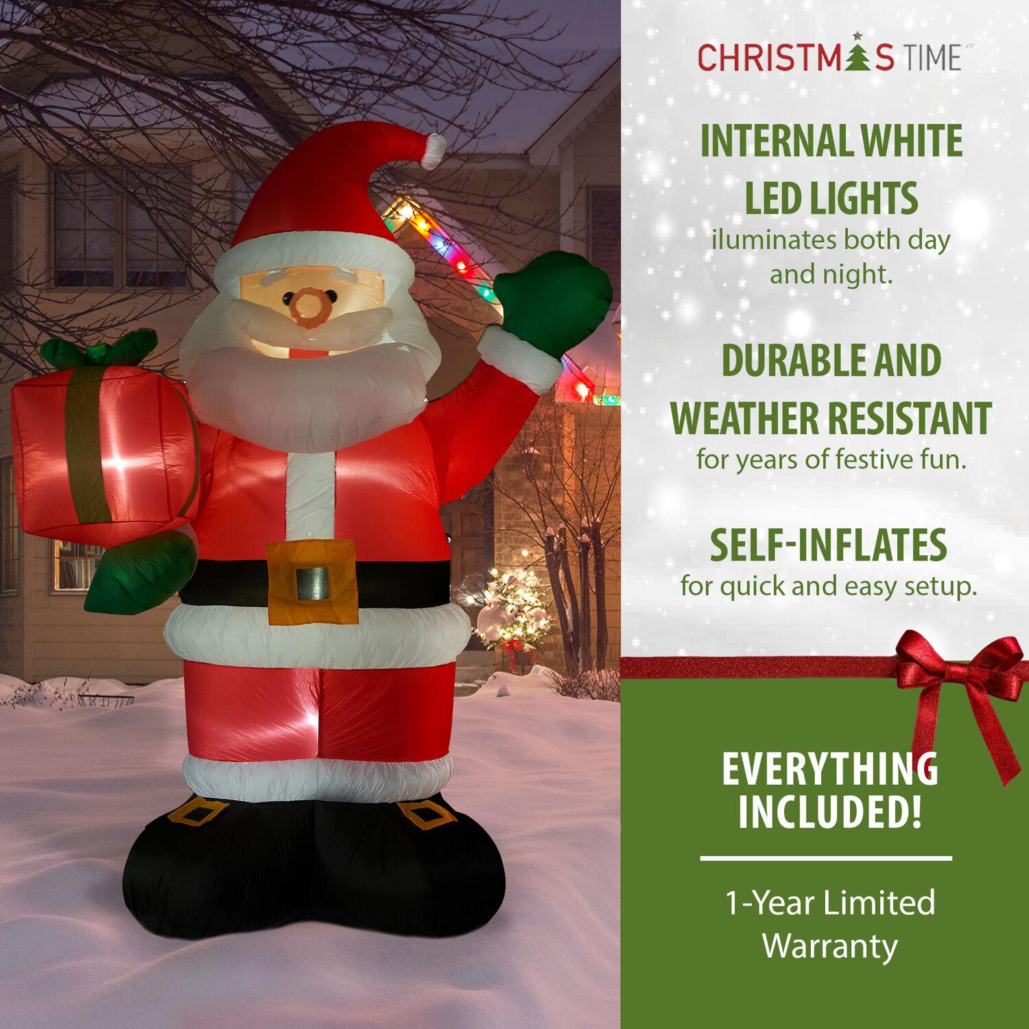 Christmastime Prelit Tall Santa Claus Holding Gift Outdoor Christmas Yard Inflatable, with Storage Bag 120"