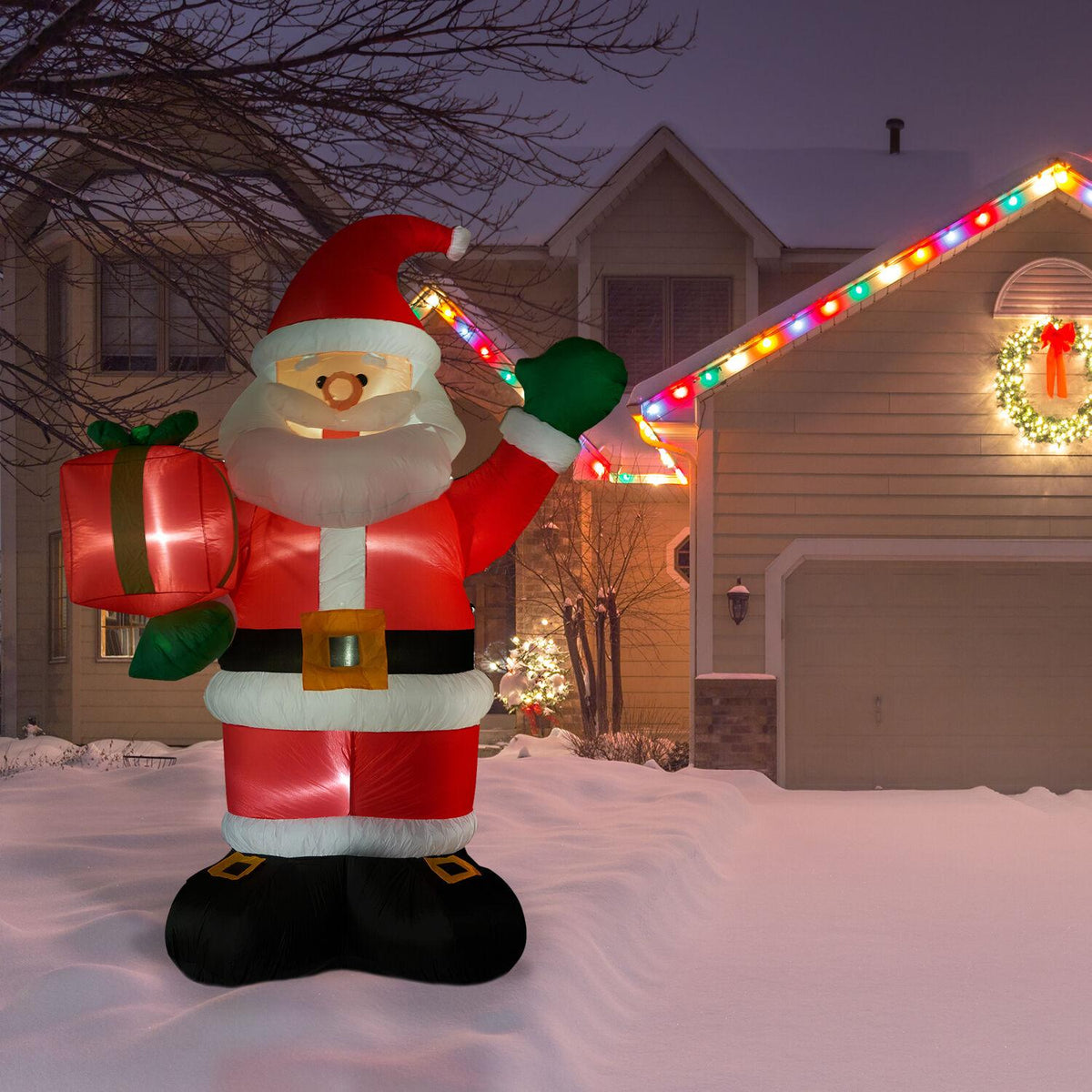 Christmastime Prelit Tall Santa Claus Holding Gift Outdoor Christmas Yard Inflatable, with Storage Bag 120"